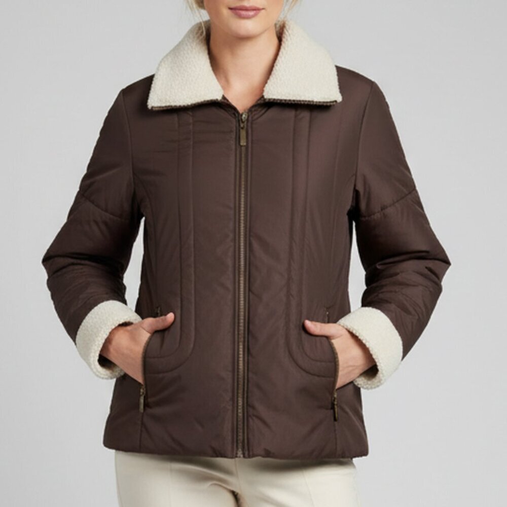 Style & Co Sport Brown Quilted Jacket Faux Shearling Collar Size Medium